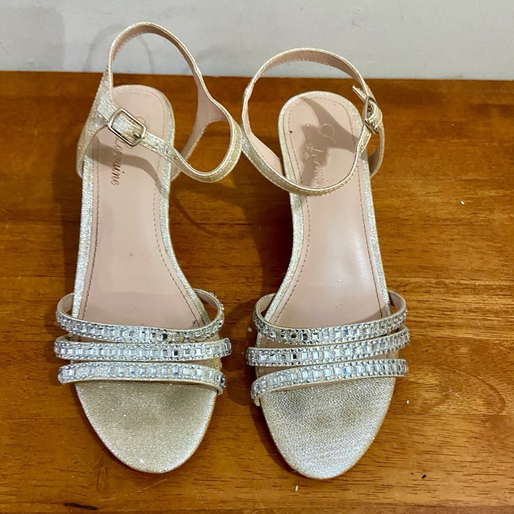 Lorraine Gold Leather with Rhinestone High Heel Sandals- Size 7.5M - Picture 1 of 8